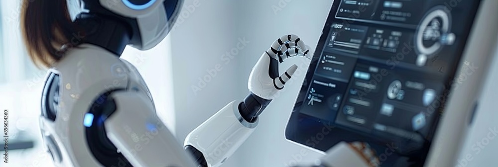 Aufkleber In a modern setting, a humanoid robot with a touchscreen interface interacts with a human, displaying AI functions and options on the screen. Generative AI