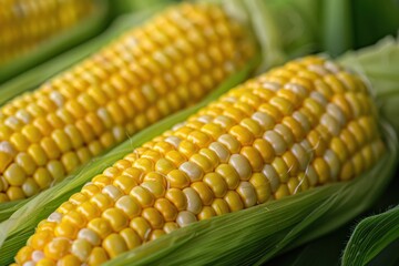 A close-up of a fresh ear of corn, with the husk peeled back to reveal the bright yellow kernels.