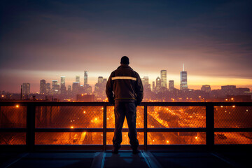 Fototapeta premium Adult man in a firefighter's uniform standing on a bridge, looking out over the city at dusk.
