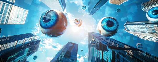 Surreal landscape with giant floating eyeballs over office buildings