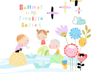 Happy Children playing with Paper Boats. Hello Summer. Vector Illustration