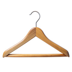 A wooden suit hanger with a chrome hook isolated on a white background. This hanger is perfect for storing and displaying your favorite suits, coats, or jackets. Generative AI