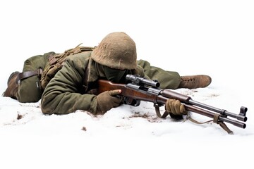 Fototapeta premium Soldier in prone position aiming machine gun on white background for precise shot