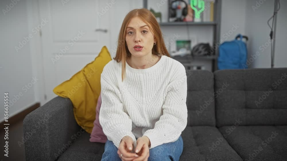 Sticker a young caucasian woman sits on a sofa in a cozy living room, conveying a casual and relaxed ambianc