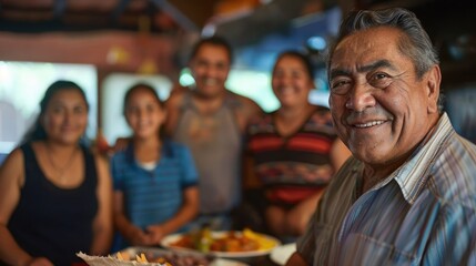 Obraz premium smiling Mexican man wears traditional near the platters filled with various dishes of authentic delicious street food
