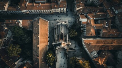 A stunning aerial view of a historic city center with ancient architecture, showcasing the beauty of the past from a unique perspective
