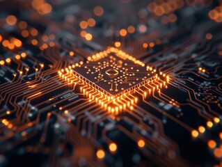A close-up of a glowing computer processor on a circuit board. The intricate details of the technology are highlighted by the warm, orange light.