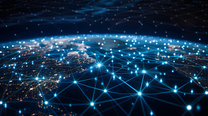 Fototapeta premium Global communication interconnection, where the bouncing light on the Earth's sphere connects various regions, is a communication concept.