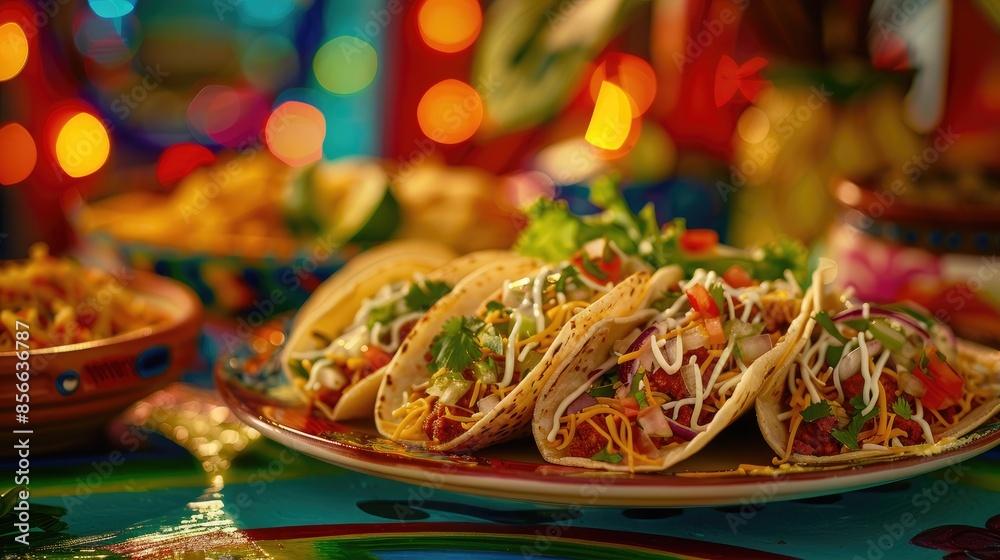 Wall mural Delicious Mexican tacos with meat, beans and vegetables on a dark background. Close up - Wall murals