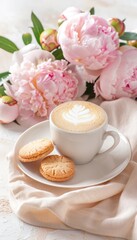 A cup of cappuccino with latte art, two cookies, and pink peonies on a white table.
