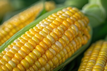 A close-up of a fresh ear of corn, with the husk peeled back to reveal the bright yellow kernels.