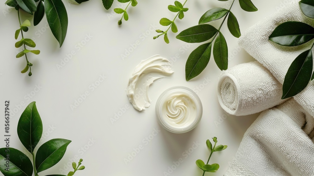 Poster natural cosmetic cream with towel plants on white background dermatology organic skincare concept wi