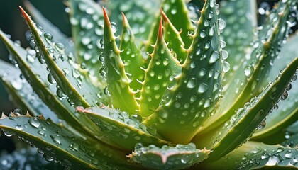 Fototapeta premium Fresh Vitality: Aloe Vera Plant with Dewy Droplets