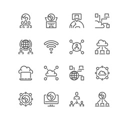 Fototapeta premium Set of network related icons, global connection, cloud, development, system data and linear variety vectors. 