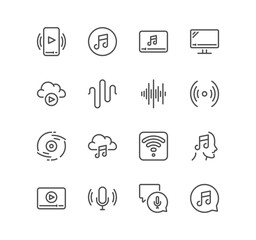 Set of audio and video related icons, cloud music, waveform, file audio, voice, record player, social stream and linear variety vectors.