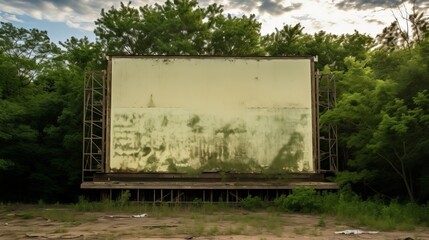 Run-down drive-in movie screen neglected.