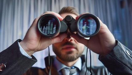 Fototapeta na wymiar Man Looking at Distant Financial Market Charts with Binoculars Concept Unclear Face Focus on Financial Analysis 