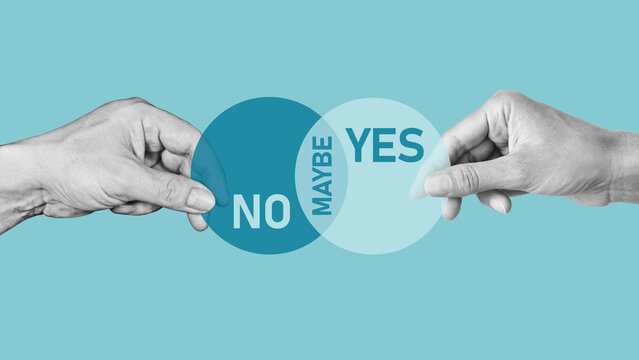 Choice between yes or no and maybe options. Decision making concept. Compromise, discussion and dilemma metaphors