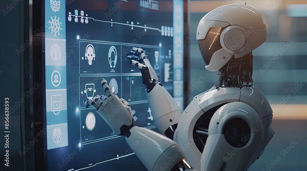 Leinwandbilder a humanoid robot, equipped with a touchscreen interface, interacts with a human in a sleek, modern s