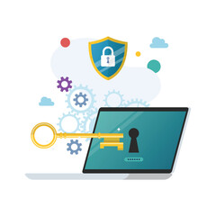 Gold key try to unlock laptop with mechanic gear background. Antivirus protection.