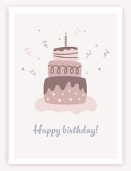 Happy birthday children's magic elements . Birthday trendy greeting card in flat design. Cute cake illustration. Poster, banner or party invitation. Cartoon design. Vector illustration.

