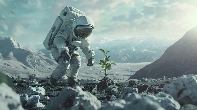 Bear in an astronaut suit planting a flag on a new planet pioneering