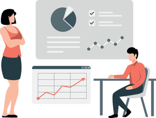 A boy and a girl are talking about chart graph.