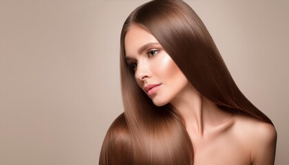Naklejka premium Portrait of a Model with Shiny Brown Hair and Makeup