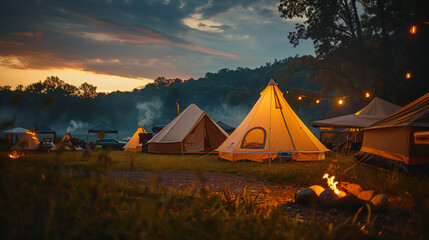 Illuminated bell tents are glowing at sunset on a campground by the forest