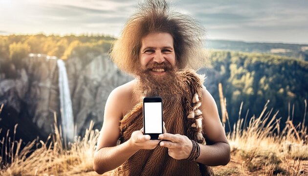 wildman caveman holding mobile phone, smartphone