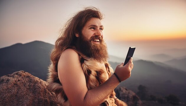 wildman caveman holding mobile phone, smartphone