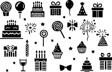 Happy Birthday Party line icon set. celebration, anniversary, congratulation, cake, gift, decoration Flowers, Karaoke, Dj Masquerade Holidays icon vector symbol logo illustration line editable stroke 