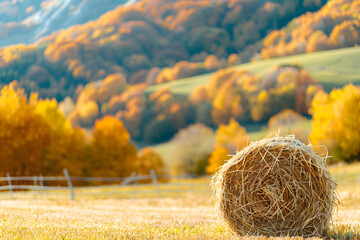 Hay bales in the field, autumn landscape in the mountains, landscape with grass and flowers, Autumn, Thanksgiving concept. 