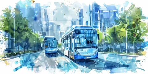 Fotobehang Aquarelschilderij wolkenkrabber The watercolor painting of city buses on the road with building background.  © kiimoshi