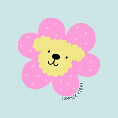 Fototapeta premium Cute Playful Dog and flower. Cute puppies. Funny pets, animals. Flat vector illustration