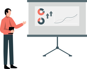 The boy is giving a presentation from presentation board.