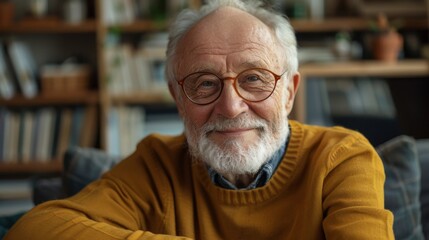 portrait of a smiling, cheerful Caucasian elderly man 70-79 years old looking at the camera at home