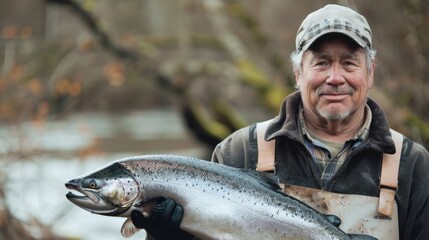 A man proudly shows off his large sustainably caught salmon at a sustainable fishing and cooking demo.