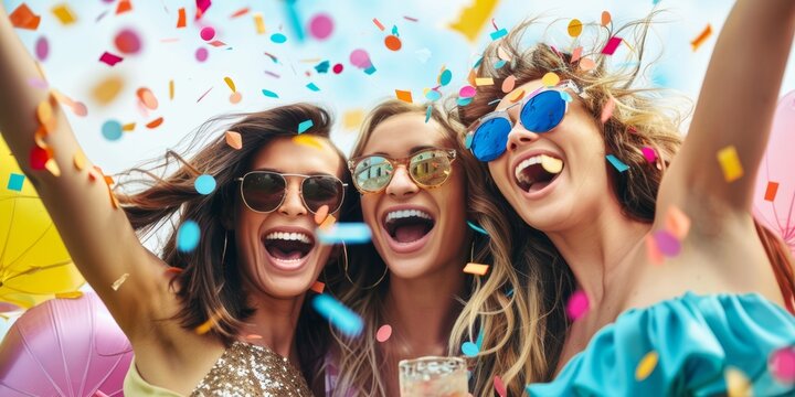 Three young women in sunglasses, celebrating an outdoor bachelorette party with vibrant confetti. They are laughing and enjoying the festive atmosphere - Powered by Adobe