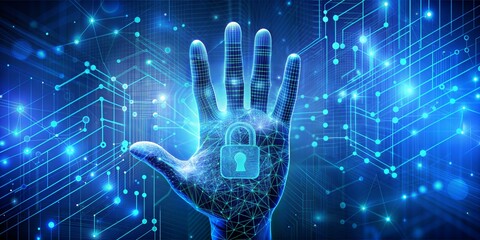 Digital hand for computing system on blue background, cyber security technology for fraud prevention and privacy data network protection concept