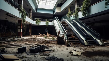 Deserted shopping mall with broken glass windows, eerie and desolation