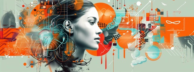 Abstract art merging a female profile with technological and creative elements symbolizing innovative thinking and digital transformation