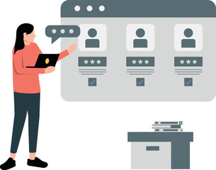 The girl is pointing to the profiles on web page.