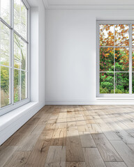 Fototapeta premium Window filling an empty apartment room with natural lighting. Residential interior design composition with copy space for an ad.