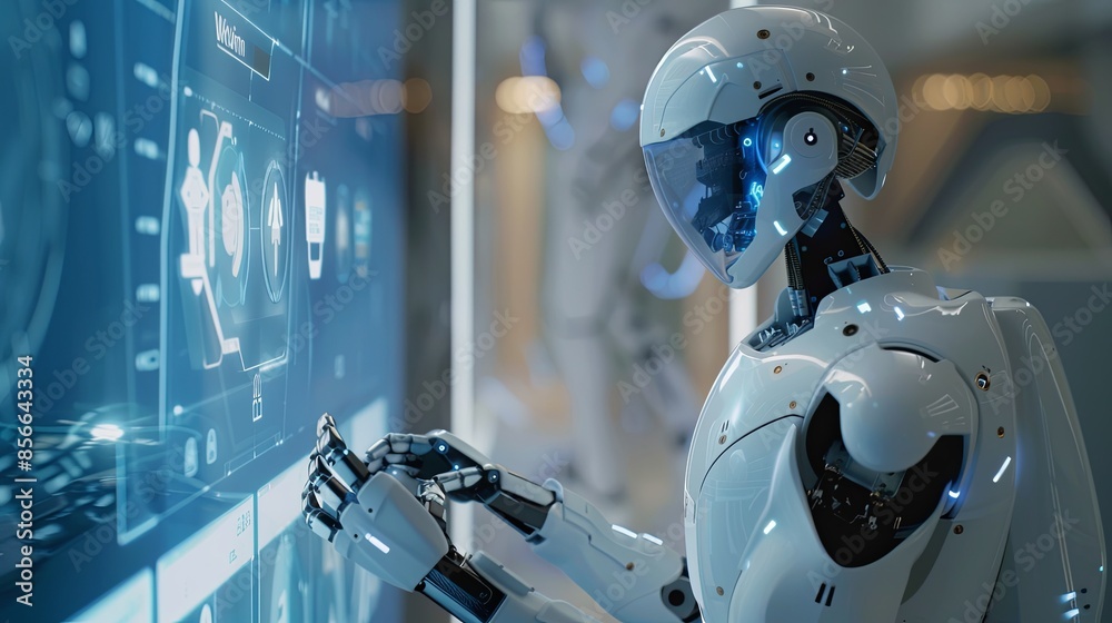 Leinwandbilder a humanoid robot interacts with a touchscreen interface, displaying ai functions, in a sleek and mod