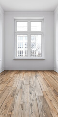 Window filling an empty apartment room with natural lighting. Residential interior design composition with copy space for an ad.