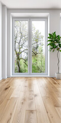 Obraz premium Window filling an empty apartment room with natural lighting. Residential interior design composition with copy space for an ad.