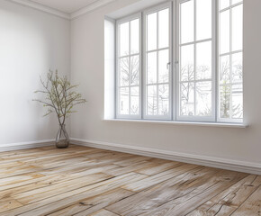 Window filling an empty apartment room with natural lighting. Residential interior design composition with copy space for an ad.