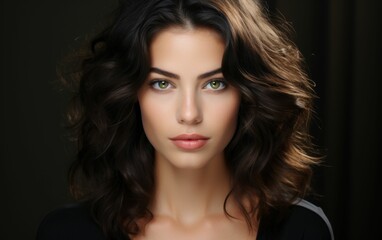Fototapeta premium A woman with long brown hair and green eyes. She is wearing a black shirt and has a serious expression on her face
