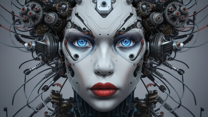 Futuristic Cyborg Woman with Blue Eyes and Intricate Mechanical Components